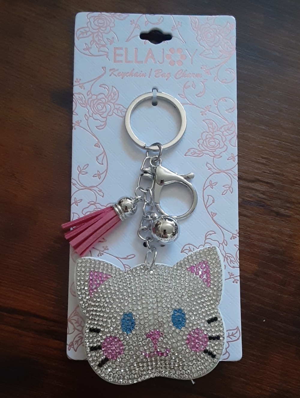 Blingy Cat Keychain with Pink Tassel and Blue Eyes